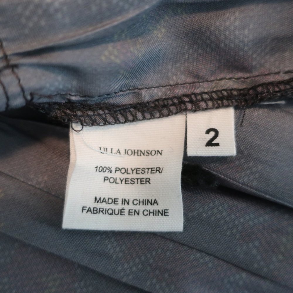 ULLA JOHNSON MINI DRESS PIERA CHARCOAL PRINTED PLEATED SATIN SIZE 2 LONG SLEEVE - Picture 7 of 8